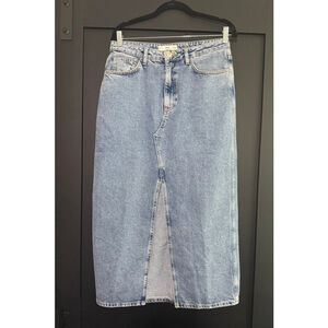 MNG Mango Blue Denim Midi Skirt Size Medium Front Slit 100% Cotton